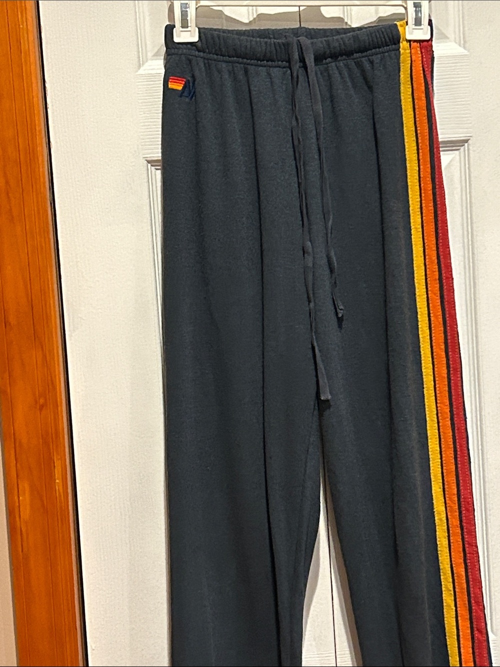 Aviator Nation Womans Grey Track Pants with Red & Yellow Side Stripes